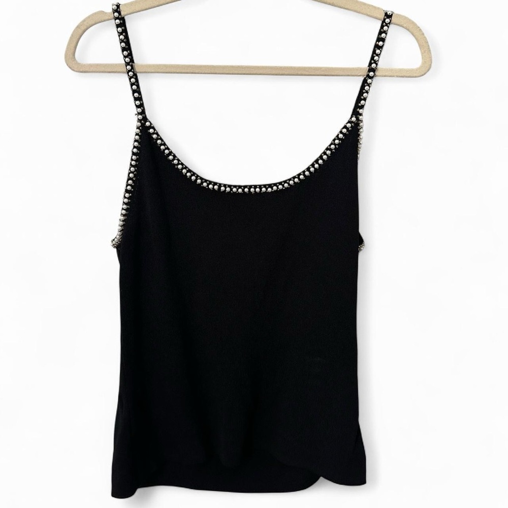 Vintage Night Way Beaded & pearl black tank top/ black camisole
